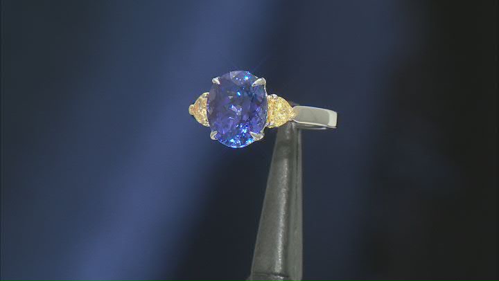 Blue Tanzanite with Yellow Diamond Rhodium Over 14K White Gold Ring 4.81ctw Video Thumbnail